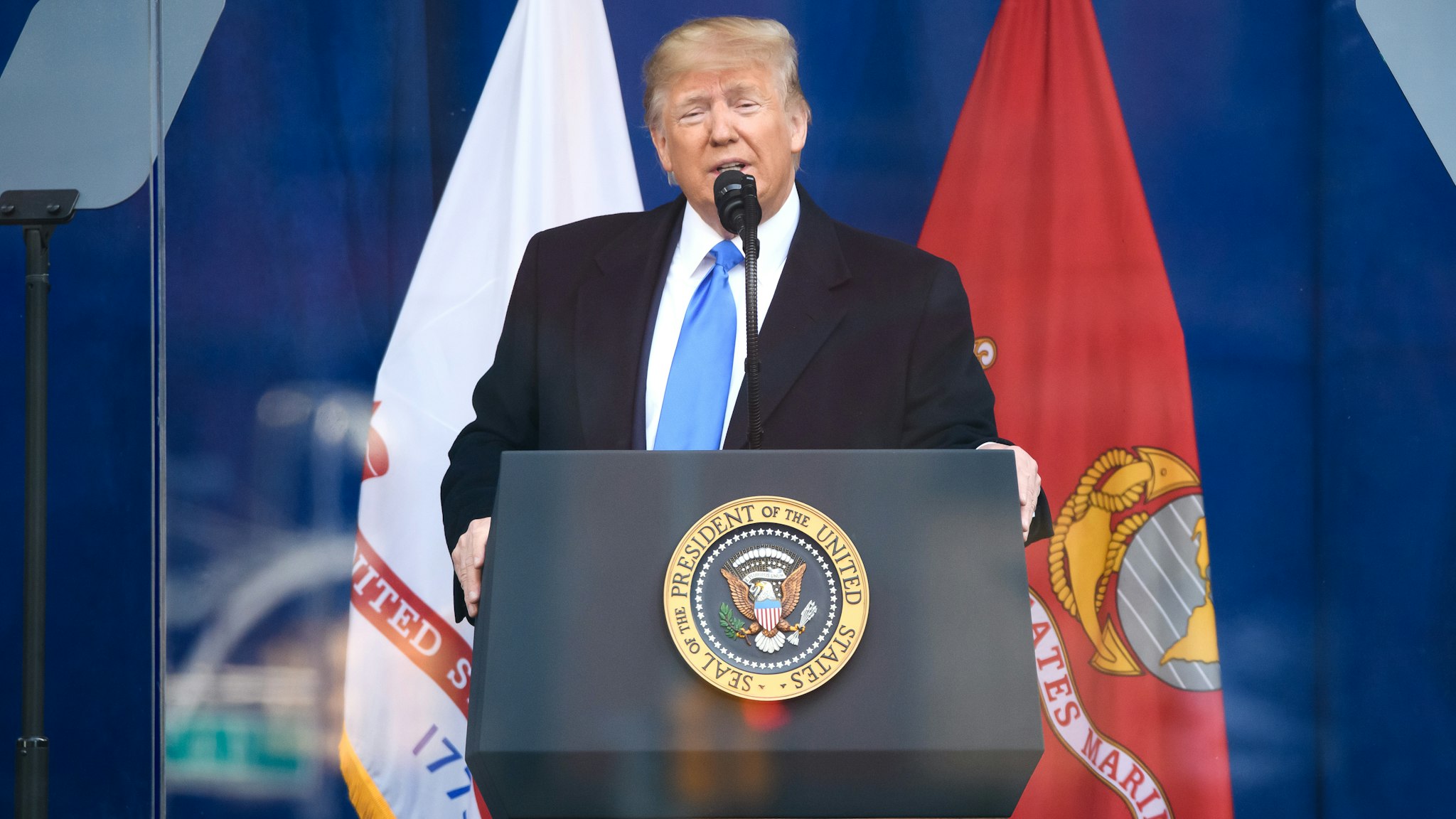 NEW YORK, NEW YORK - NOVEMBER 11: President Donald Trump speaks during the Veterans Day Parade opening ceremony on November 11, 2019 in New York City.