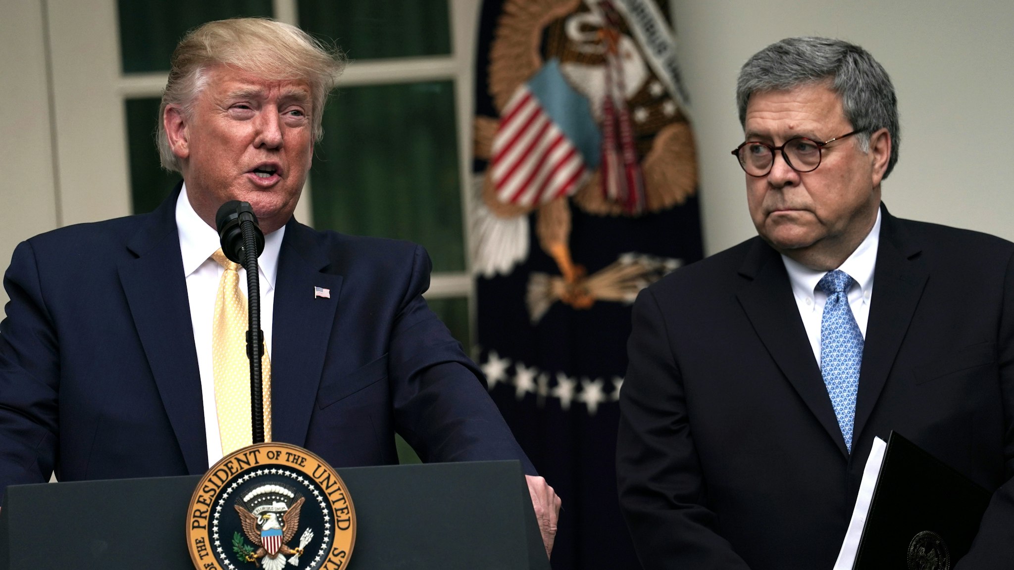 WASHINGTON, DC - JULY 11: U.S. President Donald Trump makes a statement on the census with Attorney General William Barr in the Rose Garden of the White House on July 11, 2019 in Washington, DC. President Trump, who had previously pushed to add a citizenship question to the 2020 census, announced that he would direct the Commerce Department to collect that data in other ways.