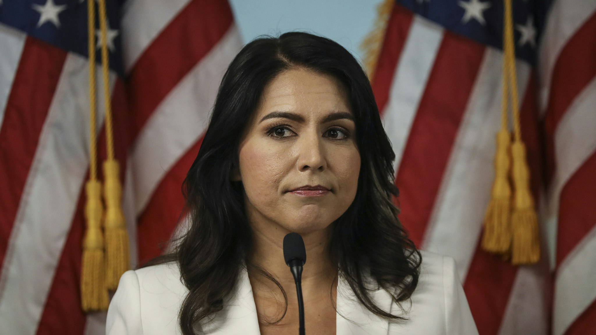 Democratic presidential candidate Rep. Tulsi Gabbard (D-HI) speaks during a press conference at the 9/11 Tribute Museum in Lower Manhattan on October 29, 2019 in New York City. Gabbard called for the U.S. Department of Justice and the FBI declassify and release 9/11 investigative documents that she claims would implicate the Kingdom of Saudi Arabia in the 2001 terrorist attacks.