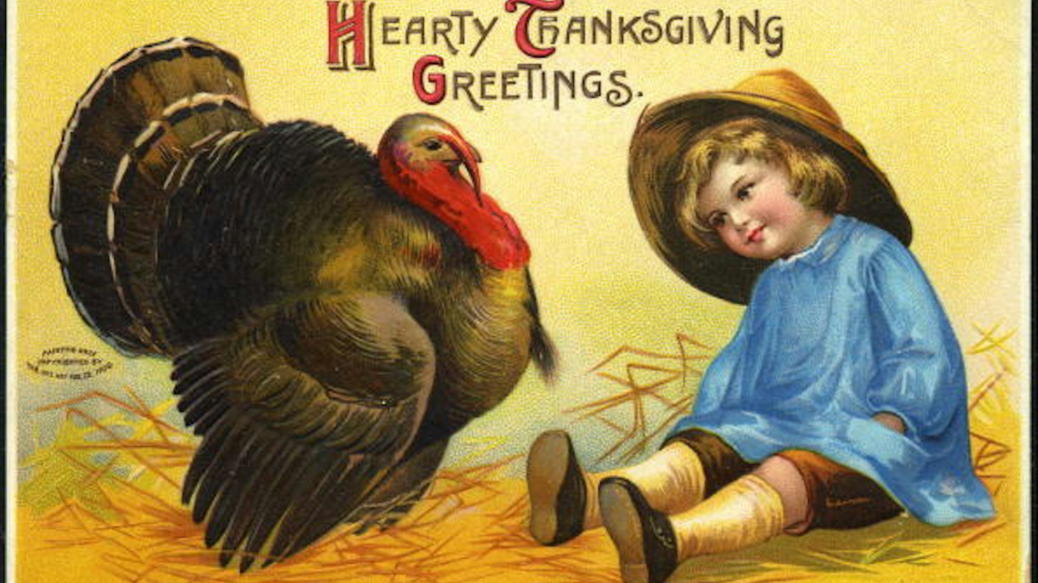 A postcard painting shows a child looking at a Thanksgiving turkey, 1909. Published by the International Art Publishing Company, the text reads 'Hearty Thanksgiving Greetings.'