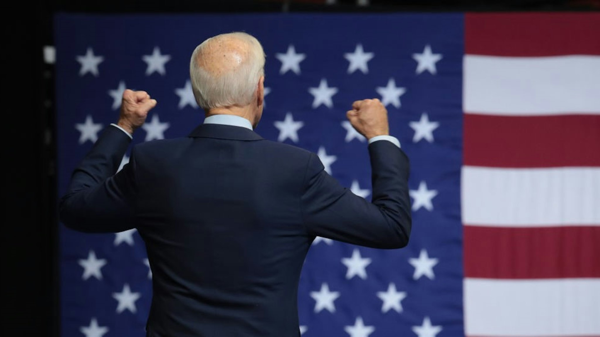 Democratic presidential candidate, former Vice President Joe Biden leaves the stage after speaking at the Liberty and Justice Celebration at the Wells Fargo Arena on November 01, 2019 in Des Moines, Iowa.