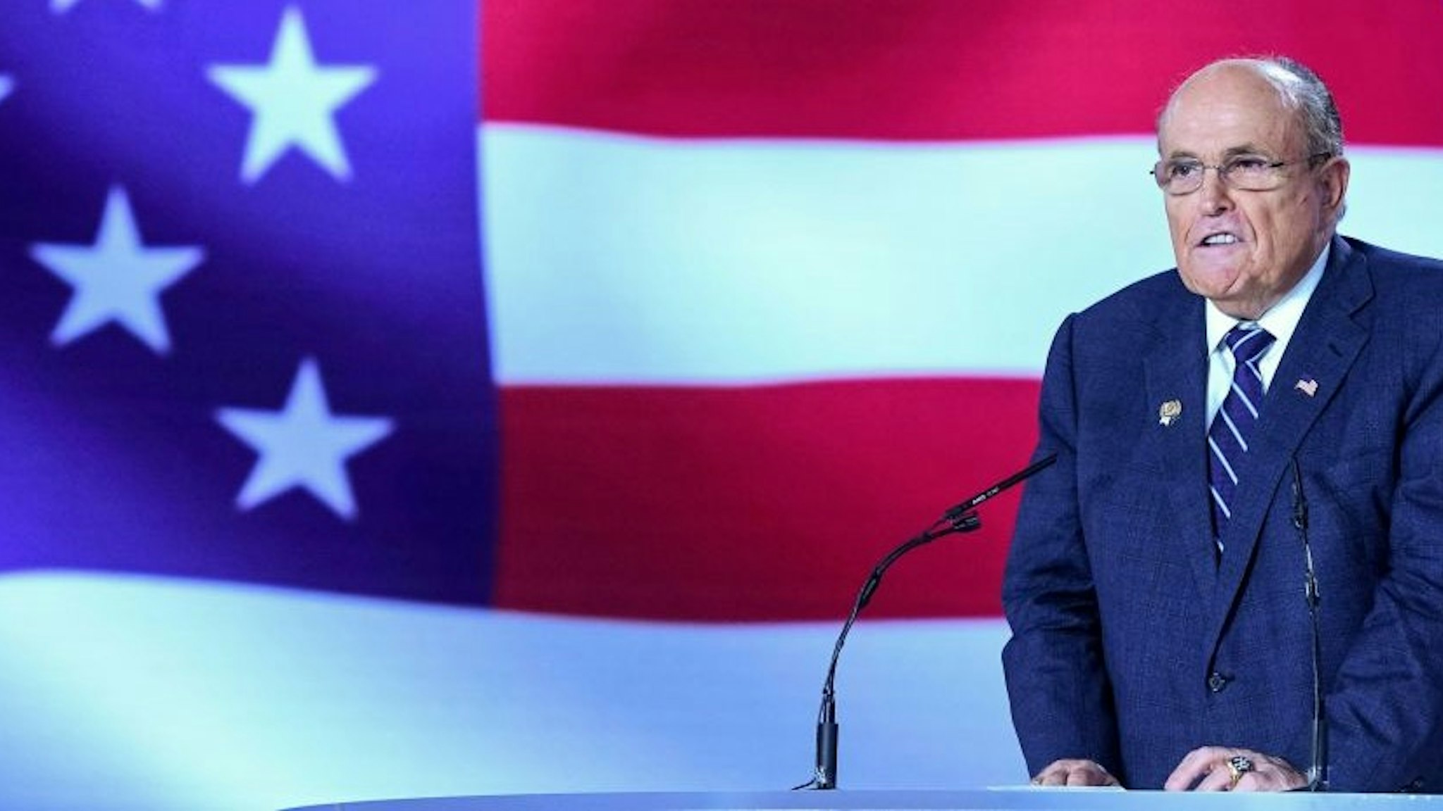 Former Mayor of New York City Rudy Giuliani gestures as he speaks during a conference "120 Years of Struggle for Freedom Iran" at Ashraf-3 camp, which is a base for the People's Mojahedin Organization of Iran (MEK) in Albanian town of Manza, on July 13, 2019.