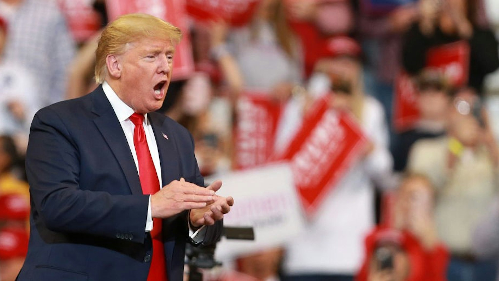 U.S. President Donald Trump speaks during a rally at CenturyLink Center on November 14, 2019 in Bossier City, Louisiana. President Trump headlined the rally to support Louisiana Republican gubernatorial candidate Eddie Rispone, who is looking to unseat incumbent Democratic Gov. John Bel Edwards.