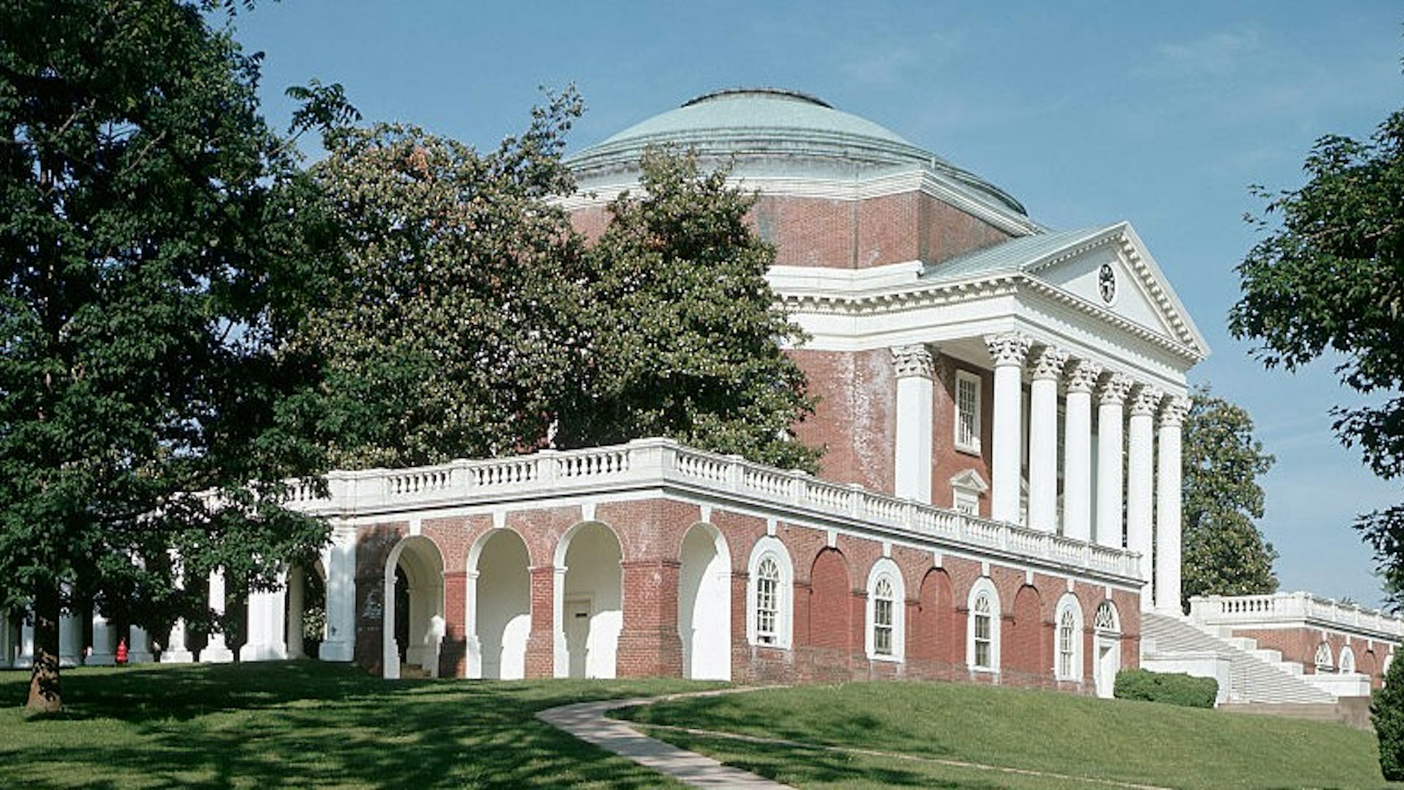 The entrance portico and rotunda of the University of Virginia, designed by Thomas Jefferson, ca. 1800, at Charlottesville.