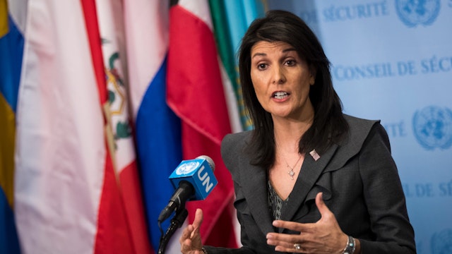 U.S. ambassador to the United Nations Nikki Haley speaks during a brief press availability at United Nations headquarters, January 2, 2018 in New York City.