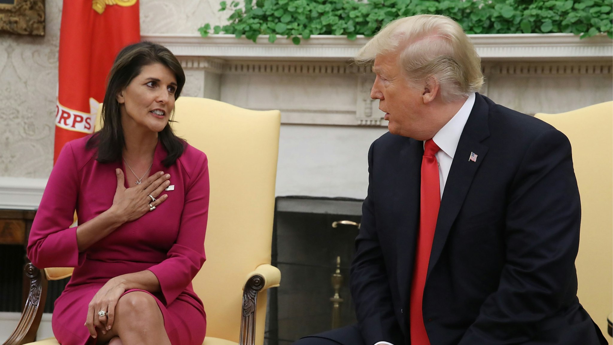 U.S. President Donald Trump announces that he has accepted the resignation of Nikki Haley as US Ambassador to the United Nations, in the Oval Office on October 9, 2018 in Washington, DC.