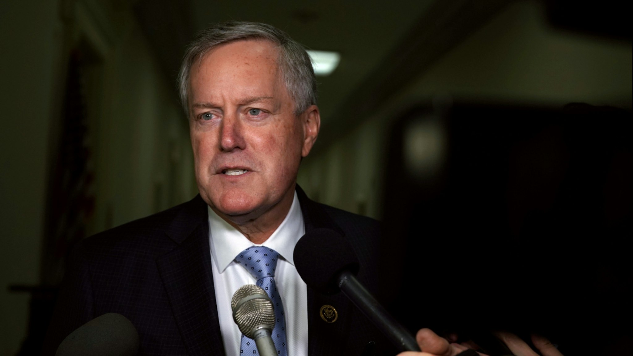 U.S. Rep. Mark Meadows (R-NC) speaks to members of the media as he arrives at the Rayburn House Office Building where former Federal Bureau of Investigation Director James Comey testifies to the House Judiciary and Oversight and Government Reform committees on Capitol Hill December 07, 2018 in Washington, DC.