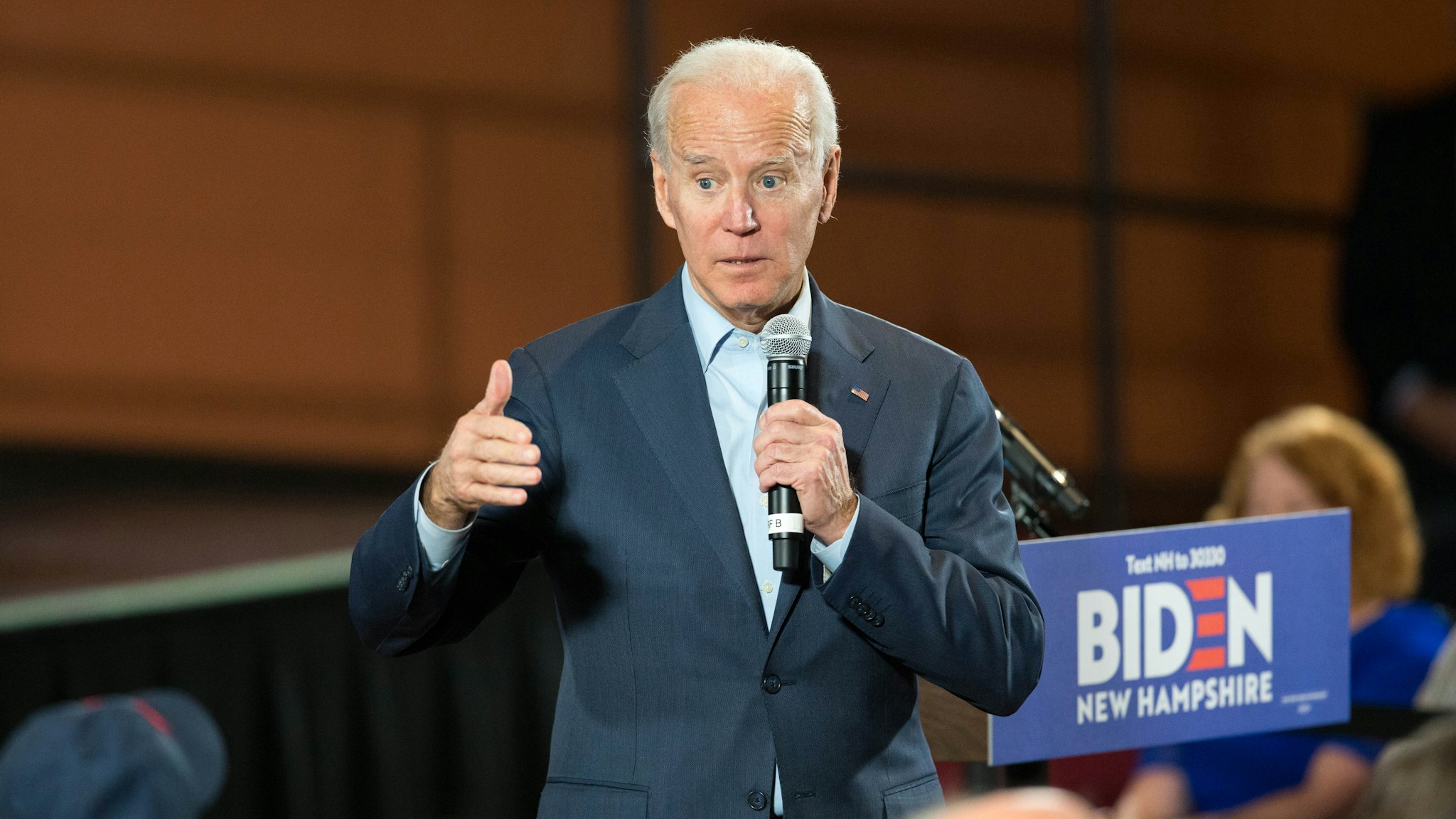DERRY , NH - DECEMBER 30: Democratic presidential candidate, former Vice President Joe Biden speaks during a campaign Town Hall on December 30, 2019 in Derry, New Hampshire. The 2020 Iowa Democratic caucuses will take place on February 3, 2020, making it the first nominating contest for the Democratic Party in choosing their presidential candidate to face Donald Trump in the 2020 election.