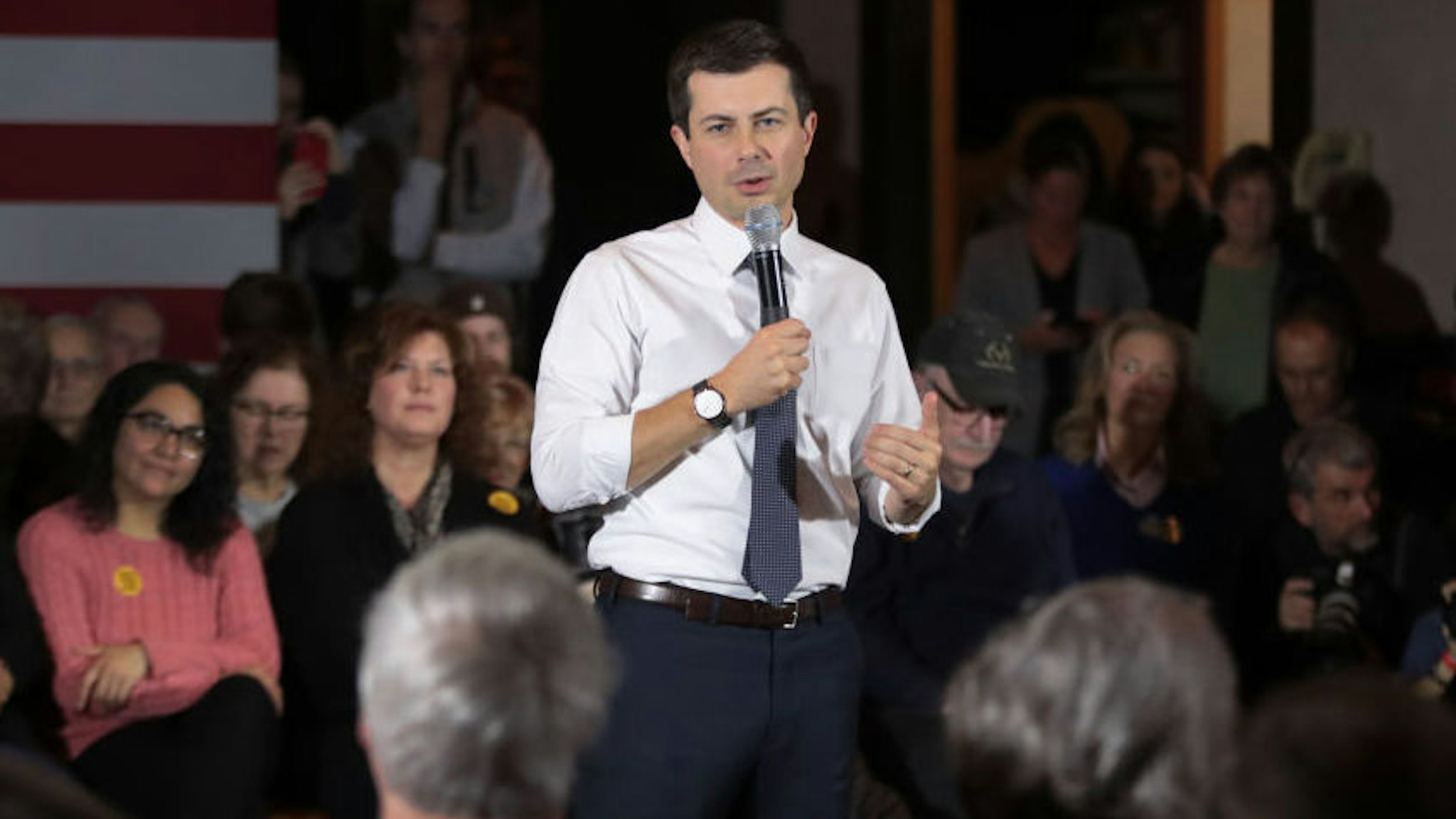 DENISON, IOWA - NOVEMBER 26: Democratic presidential candidate South Bend, Indiana Mayor Pete Buttigieg speaks to guests during a campaign stop at Cronk's restaurant on November 26, 2019 in Denison, Iowa. The 2020 Iowa Democratic caucuses will take place on February 3, 2020, making it the first nominating contest for the Democratic Party in choosing their presidential candidate to face Donald Trump in the 2020 election