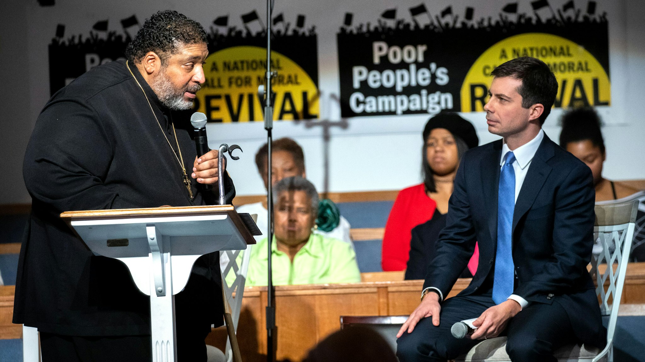 Reverend William Barber introduces South Bend, Indiana mayor and Democratic presidential candidate, Pete Buttigieg, during Sunday morning service at Greenleaf Christian Church in Goldsboro, North Carolina on December 1, 2019.