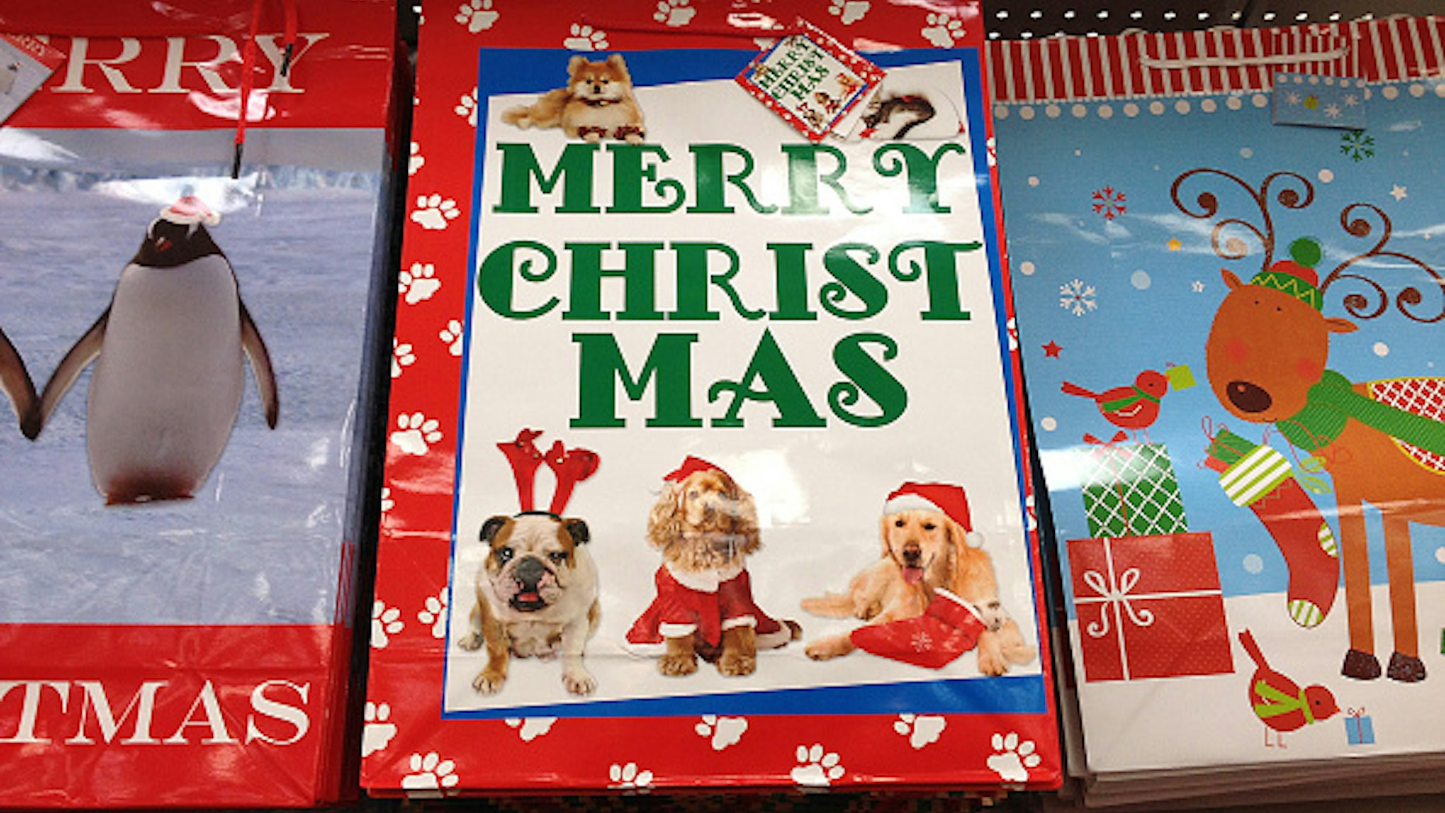 Clarkston. Washington state. USA _Christmas greetings cards and christmas gift bags at dollar sore 17 December 2014.