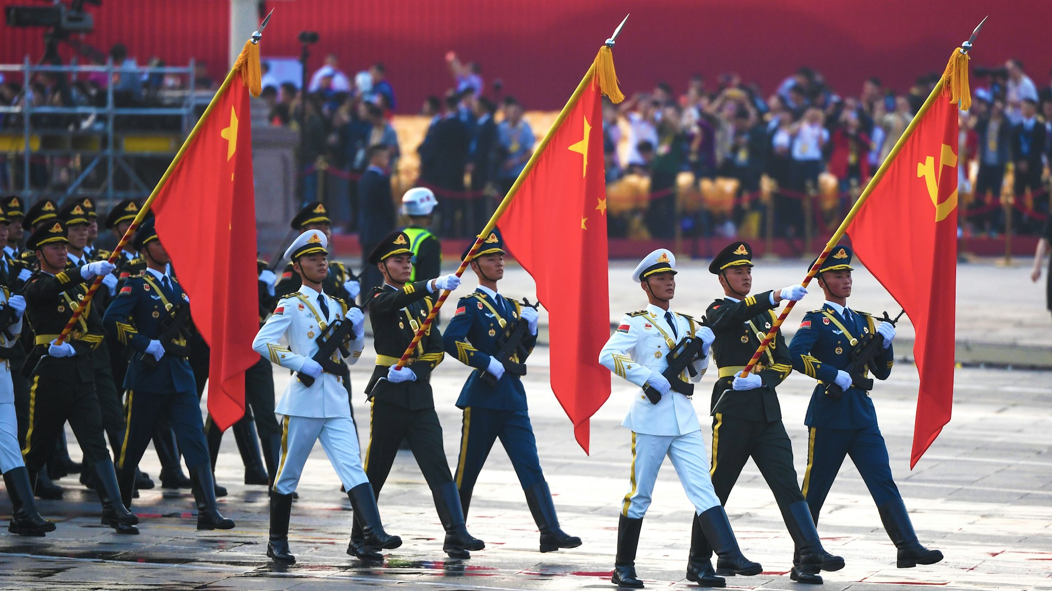 Chinese soldiers take part in a rehearsal ahead of a military parade in Tiananmen Square in Beijing on October 1, 2019, to mark the 70th anniversary of the founding of the Peoples Republic of China.