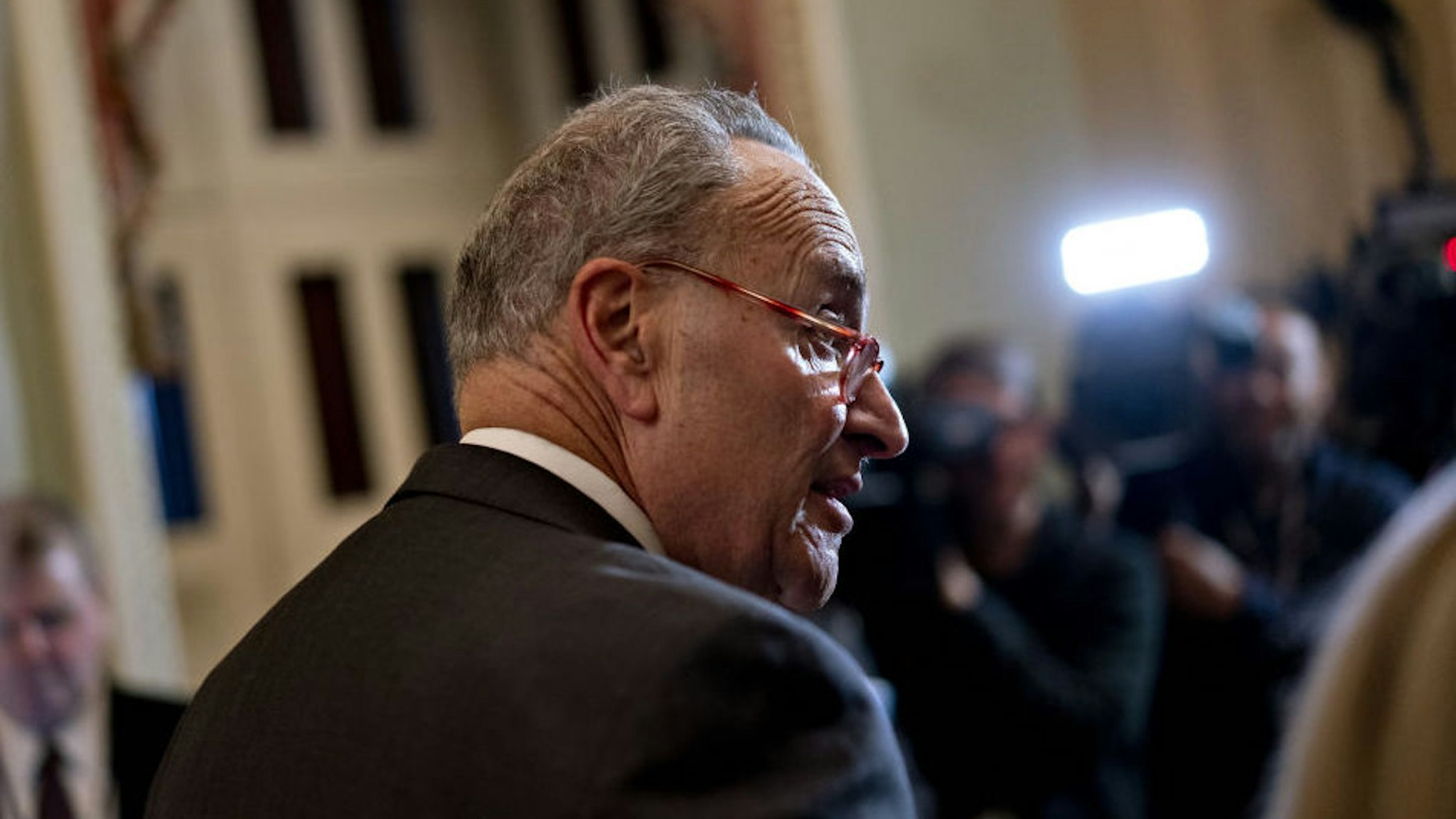 Senate Minority Leader Chuck Schumer, a Democrat from New York, speaks during a news conference after a weekly caucus meeting at the U.S. Capitol in Washington, D.C., U.S., on Tuesday, Dec. 17, 2019. Senate Majority Leader Mitch McConnell is setting a course to quash Democrat's attempts to extend the impeachment trial of President Donald Trump by calling new witnesses, with the goal of ending it swiftly in acquittal. Photographer: Andrew Harrer/Bloomberg