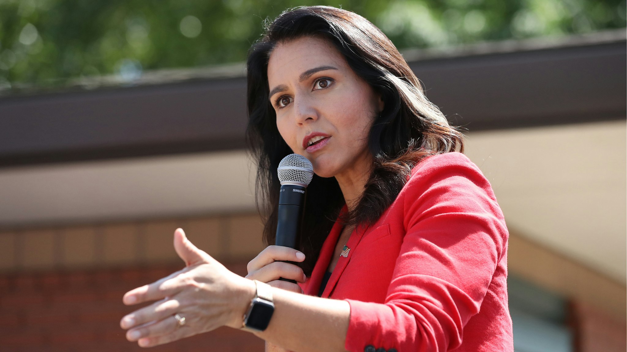 Democratic presidential candidate Rep. Tulsi Gabbard (D-HI) delivers a 20-minute campaign speech at the Des Moines Register Political Soapbox during the Iowa State Fair August 09, 2019 in Des Moines, Iowa.