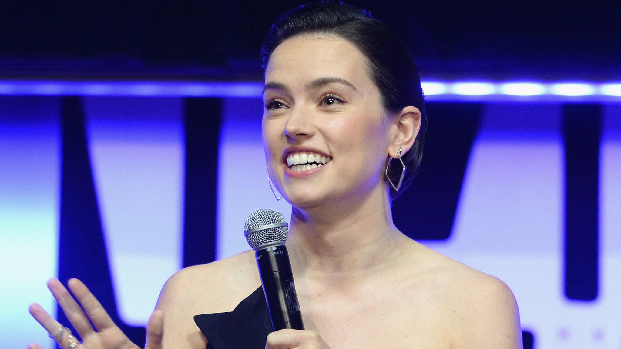 Daisy Ridley (Rey) onstage during "The Rise of Skywalker" panel at the Star Wars Celebration at McCormick Place Convention Center on April 12, 2019 in Chicago, Illinois. (Photo by Daniel Boczarski/Getty Images for Disney )