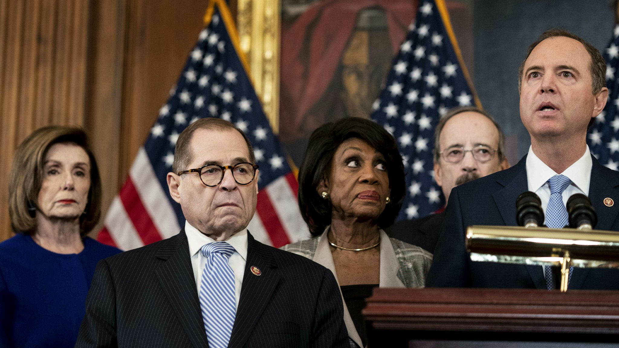 DECEMBER 10, 2019: Speaker of the House Nancy Pelosi, Judiciary Committee Chairman Jerrold Nadler, House Intelligence Chairman Adam Schiff, along with Chairman Elliot Engel, Chairwoman Maxine Waters, Chairwoman Carolyn Maloney, and Chairman Richard Neal gather to speak to journalists to announce the specific articles of impeachment during a press conference on Capitol Hill in Washington, DC on Tuesday December 10, 2019.