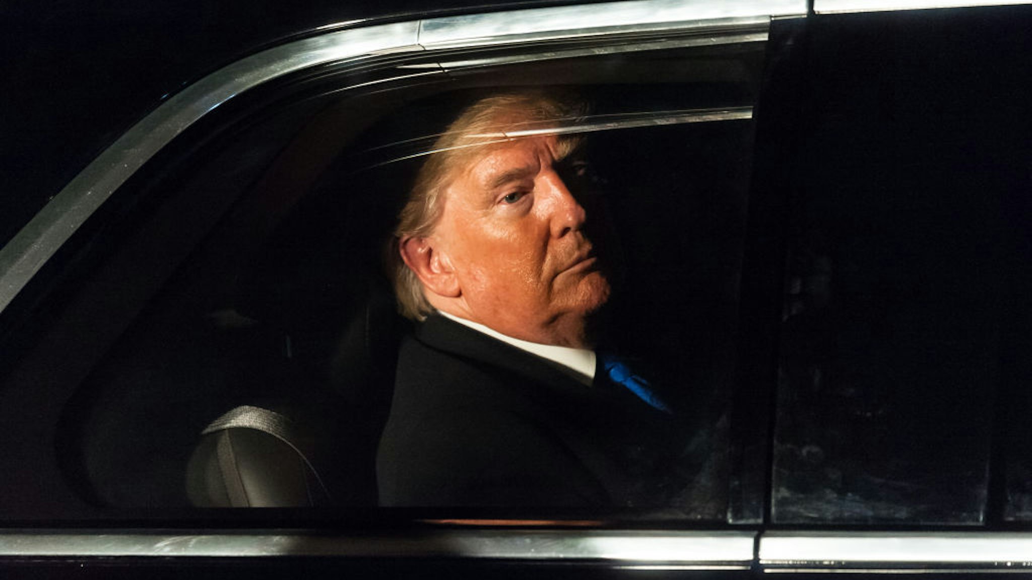 US President Donald Trump leaves 10 Downing Street in his state car 'The Beast' after attending reception for NATO leaders hosted by British Prime Minister Boris Johnson on 03 December, 2019 in London, England, ahead of the main summit tomorrow held to commemorate the 70th anniversary of NATO. (Photo by WIktor Szymanowicz/NurPhoto)