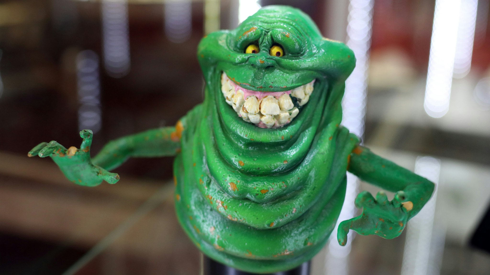 LONDON, ENGLAND - SEPTEMBER 06: Slimer from Ghostbusters seen during the TV Memorabilia Auction preview Photocall at BFI IMAX on September 6, 2018 in London, England. The exhibition features over 270 rare and iconic props and costumes from the world of film and television. All items will be sold in the upcoming Prop Store Live Auction (Photo by Mike Marsland/Mike Marsland/WireImage)