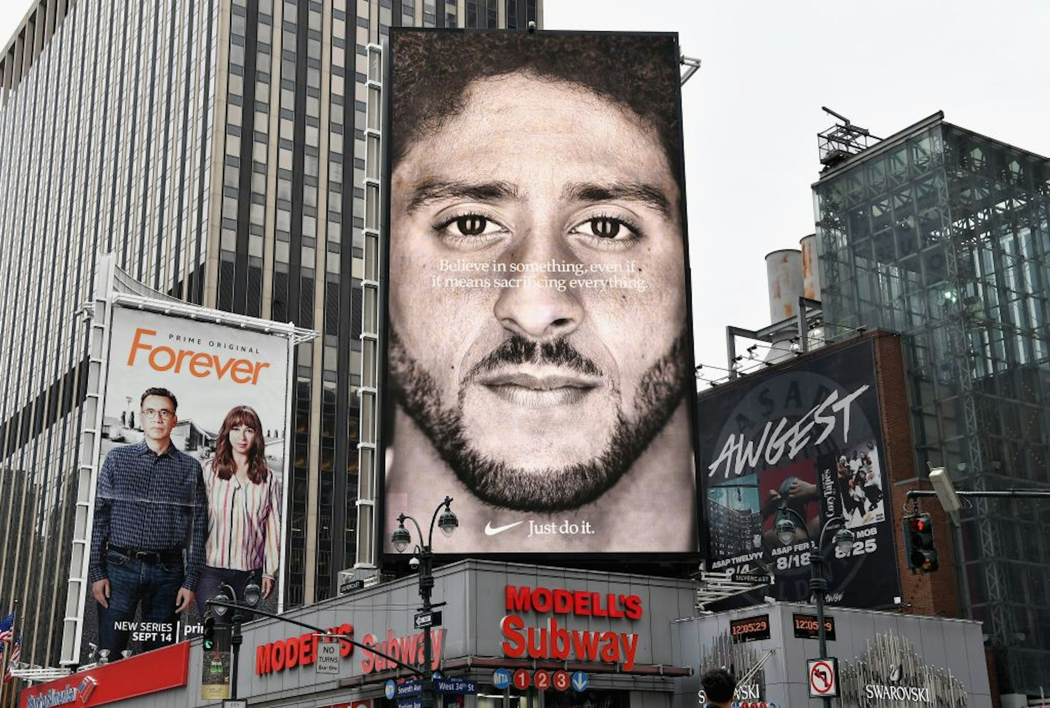 A Nike Ad featuring American football quarterback Colin Kaepernick is on diplay September 8, 2018 in New York City.