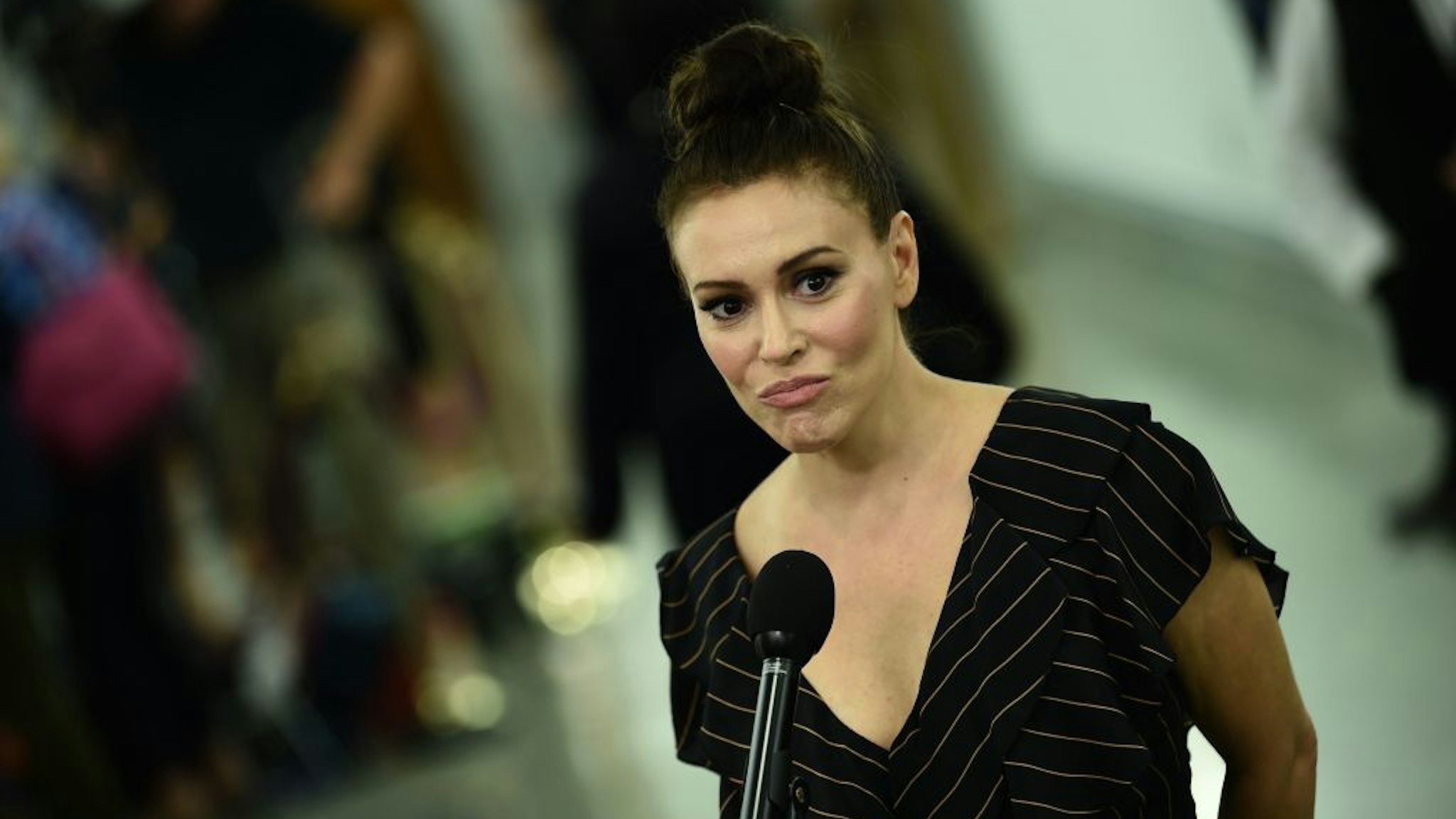 Actress and sexual assault survivor Alyssa Milano speaks to the media during the Senate Judiciary Committee hearing on the nomination of US Supreme Court nominee Brett Kavanaugh on Capitol Hill in Washington, DC, on September 27, 2018.