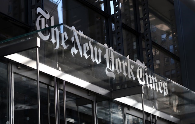 NEW YORK, NY - OCTOBER 23: The corporate logo of the New York Times hangs above the front door of their headquarters on October 23, 2018 in New York City.
