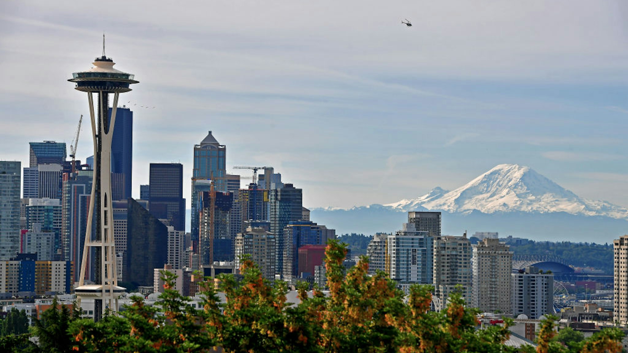 A general view of the Seattle Skyline and Mount Rainier from Kerry Park during the 2019 Rock'n'Roll Seattle Marathon and 1/2 Marathon on June 9, 2019 in Seattle, Washington.