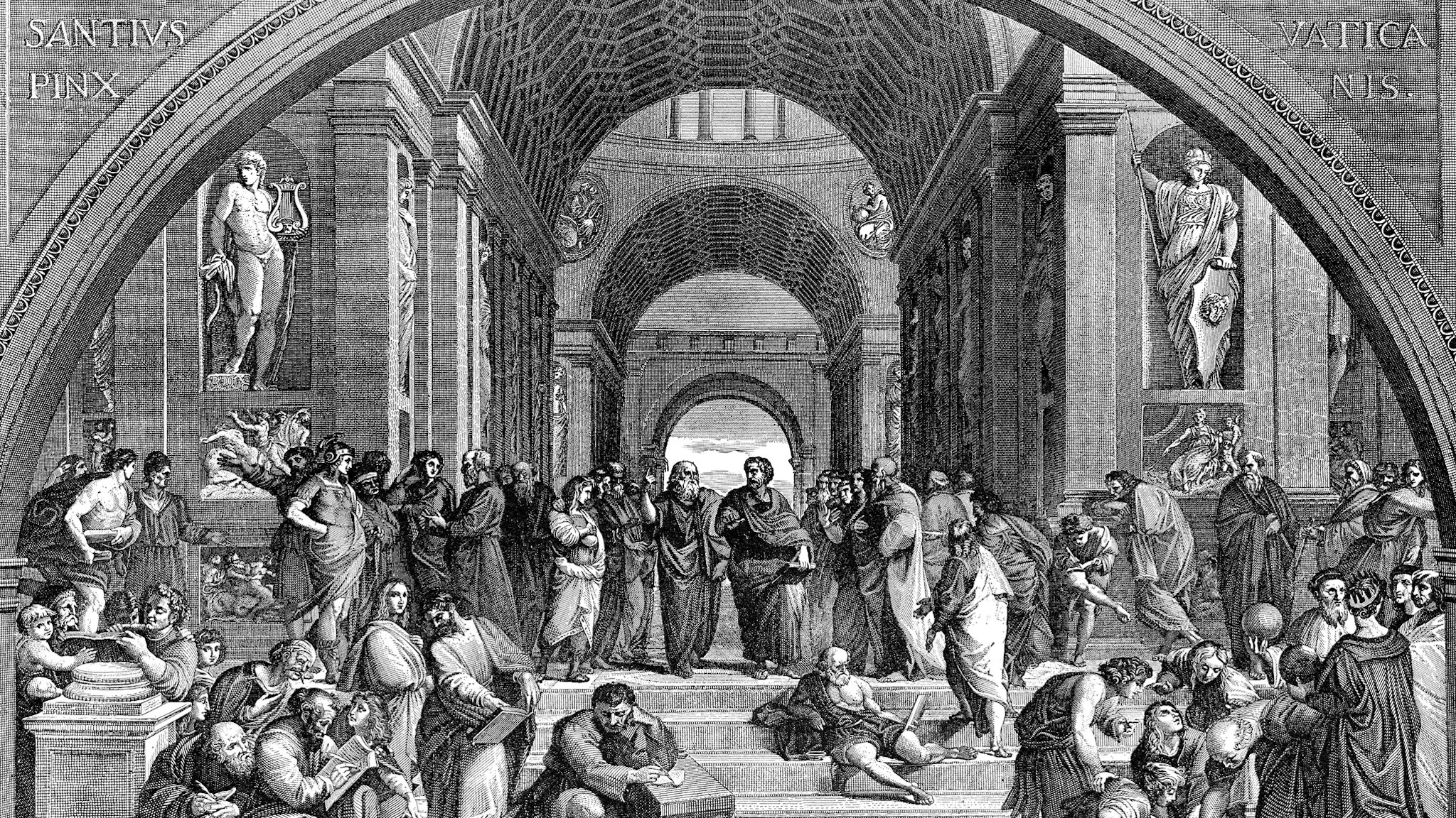 Engraving from 1894 showing the School of Athens by the Medieval artist Raphael.