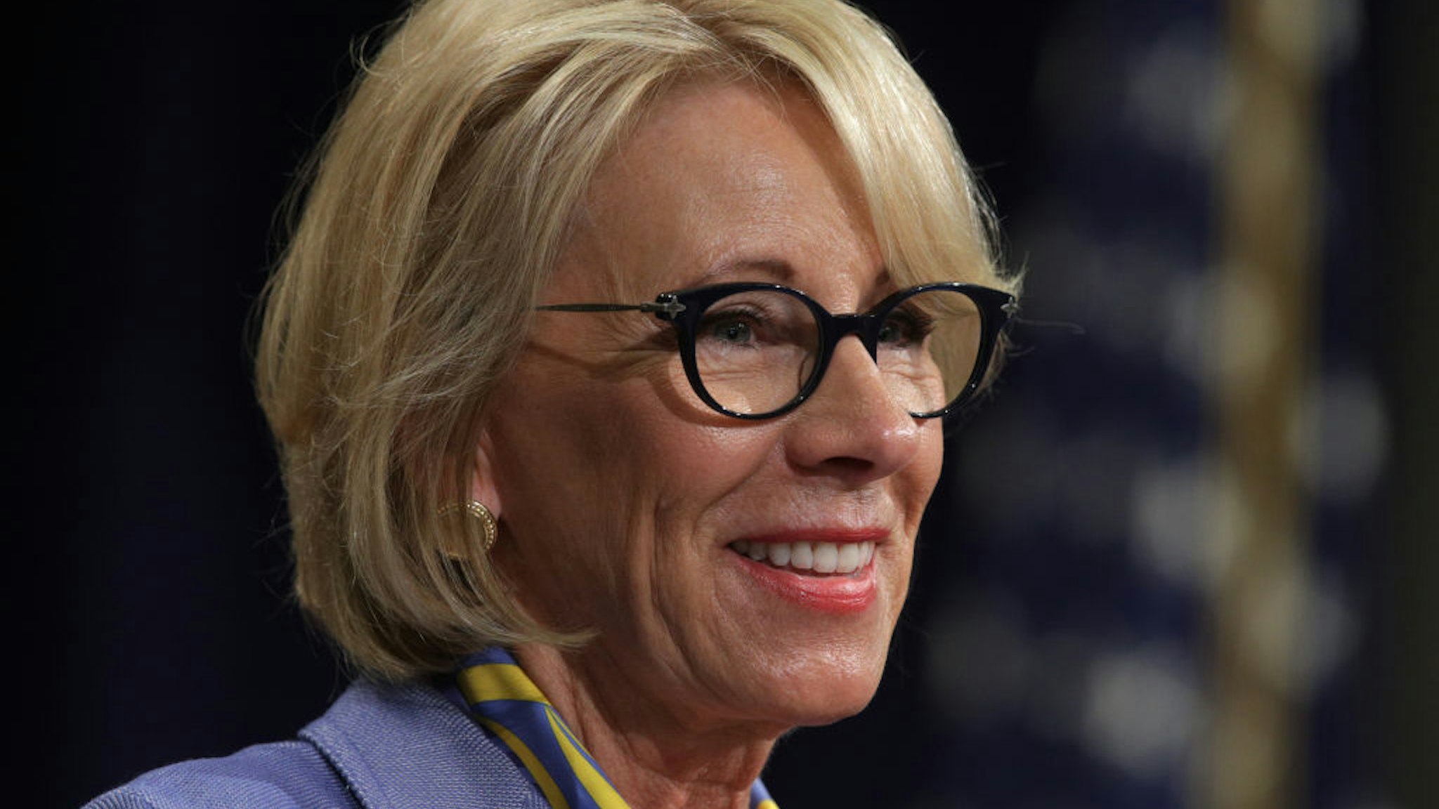 WASHINGTON, DC - JULY 15: U.S. Secretary of Education Betsy DeVos speaks during a "Combating Anti-Semitism Summit" at the Justice Department July 15, 2019 in Washington, DC. Administration officials and Jewish leaders are participating in the summit to discuss ways to combat anti-semitism.
