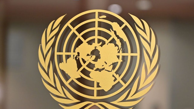The United Nations logo is seen at the United Nations Headquarters in New York on September 24, 2019.