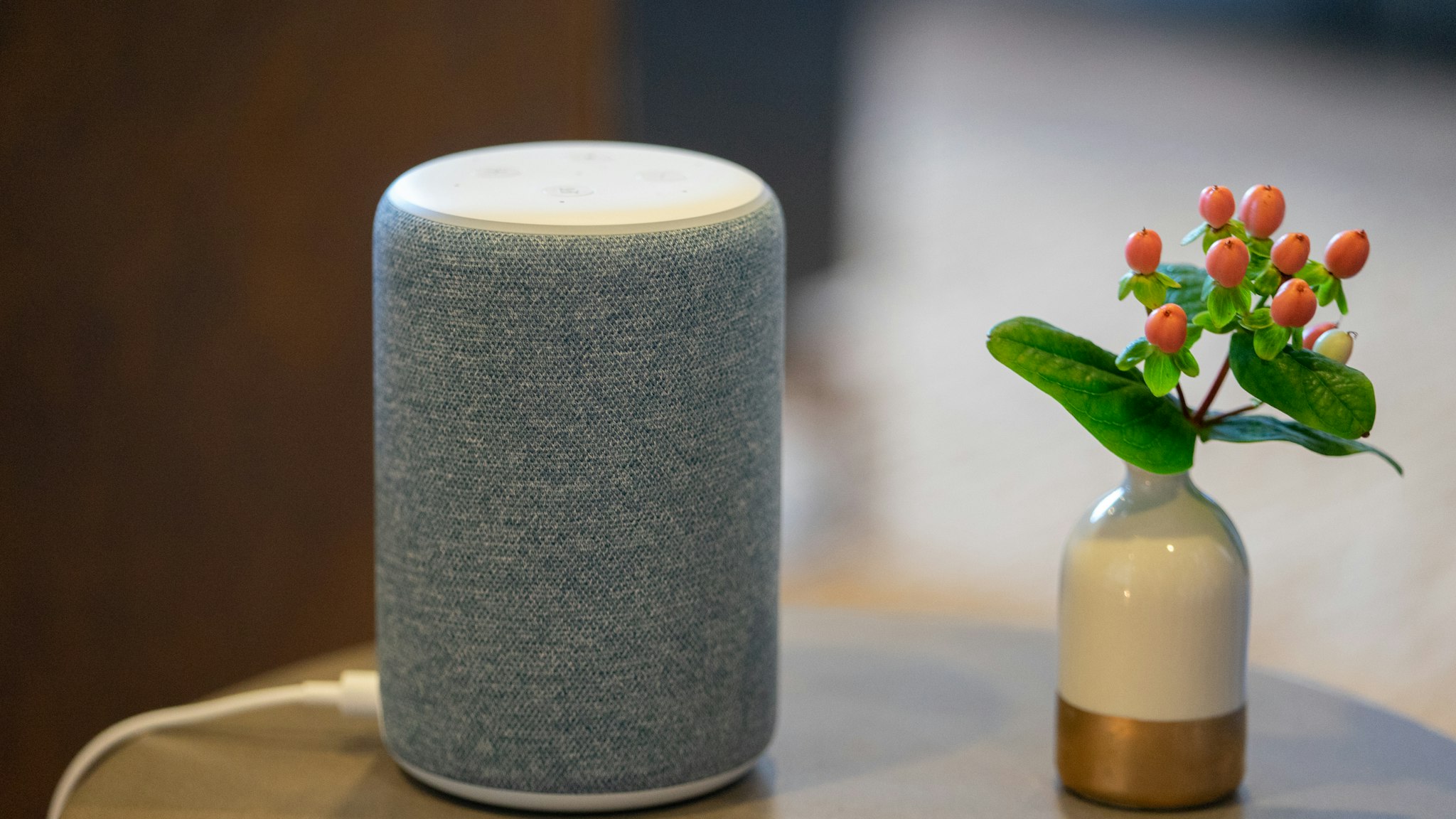 An Amazon.com Inc. Echo Plus device is displayed during an unveiling event at the company's headquarters in Seattle, Washington, U.S., on Wednesday, Sept. 25, 2019. Amazon.com Inc. defended the privacy features of its Alexa digital assistant -- and introduced some new tools to reassure users -- following months of debate about the practices of the technology giant and its largest competitors. Photographer: Chloe Collyer/Bloomberg via Getty Images