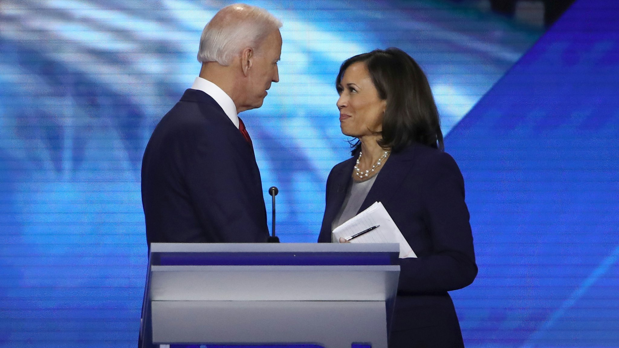 HOUSTON, TEXAS - SEPTEMBER 12: Democratic presidential candidates former Vice President Joe Biden and Sen. Kamala Harris (D-CA) speak after the Democratic Presidential Debate at Texas Southern University's Health and PE Center on September 12, 2019 in Houston, Texas. Ten Democratic presidential hopefuls were chosen from the larger field of candidates to participate in the debate hosted by ABC News in partnership with Univision. (Photo by Win McNamee/Getty Images)