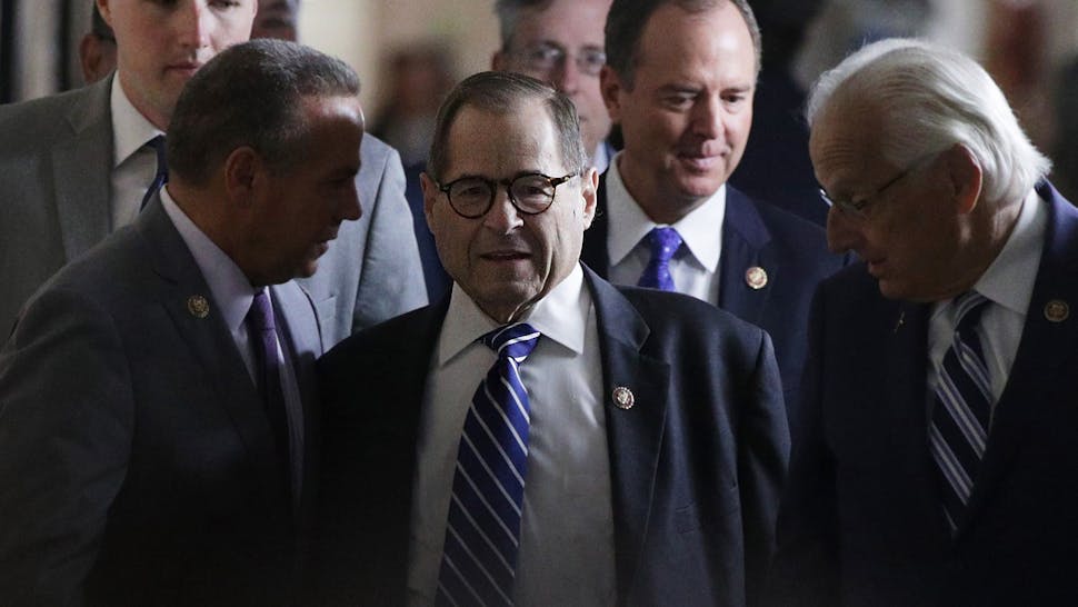 Jerry Nadler Adam Schiff WASHINGTON, DC - SEPTEMBER 25: U.S. Rep. Jerry Nadler (D-NY), chairman of House Judiciary Committee, arrives with Rep. Bill Pascrell (D-NJ), Rep. David Cicilline (D-RI) and Rep. Adam Schiff (D-CA), chairman of House Intelligence Committee, at a House Democratic Caucus meeting at the U.S. Capitol September 25, 2019 in Washington, DC. House Democrats met to discuss their agenda one day after Speaker of the House Rep. Nancy Pelosi has announced a formal impeachment inquiry into President Donald Trump. (Photo by Alex Wong/Getty Images)