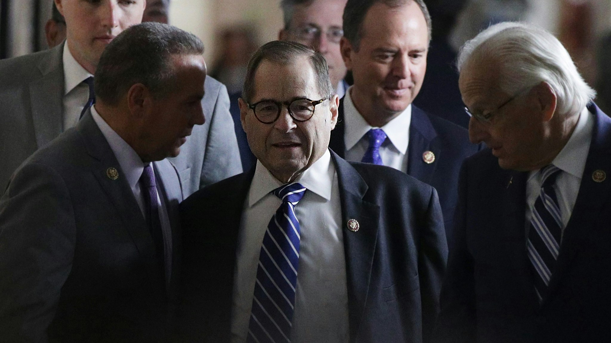 WASHINGTON, DC - SEPTEMBER 25: U.S. Rep. Jerry Nadler (D-NY), chairman of House Judiciary Committee, arrives with Rep. Bill Pascrell (D-NJ), Rep. David Cicilline (D-RI) and Rep. Adam Schiff (D-CA), chairman of House Intelligence Committee, at a House Democratic Caucus meeting at the U.S. Capitol September 25, 2019 in Washington, DC. House Democrats met to discuss their agenda one day after Speaker of the House Rep. Nancy Pelosi has announced a formal impeachment inquiry into President Donald Trump. (Photo by Alex Wong/Getty Images)