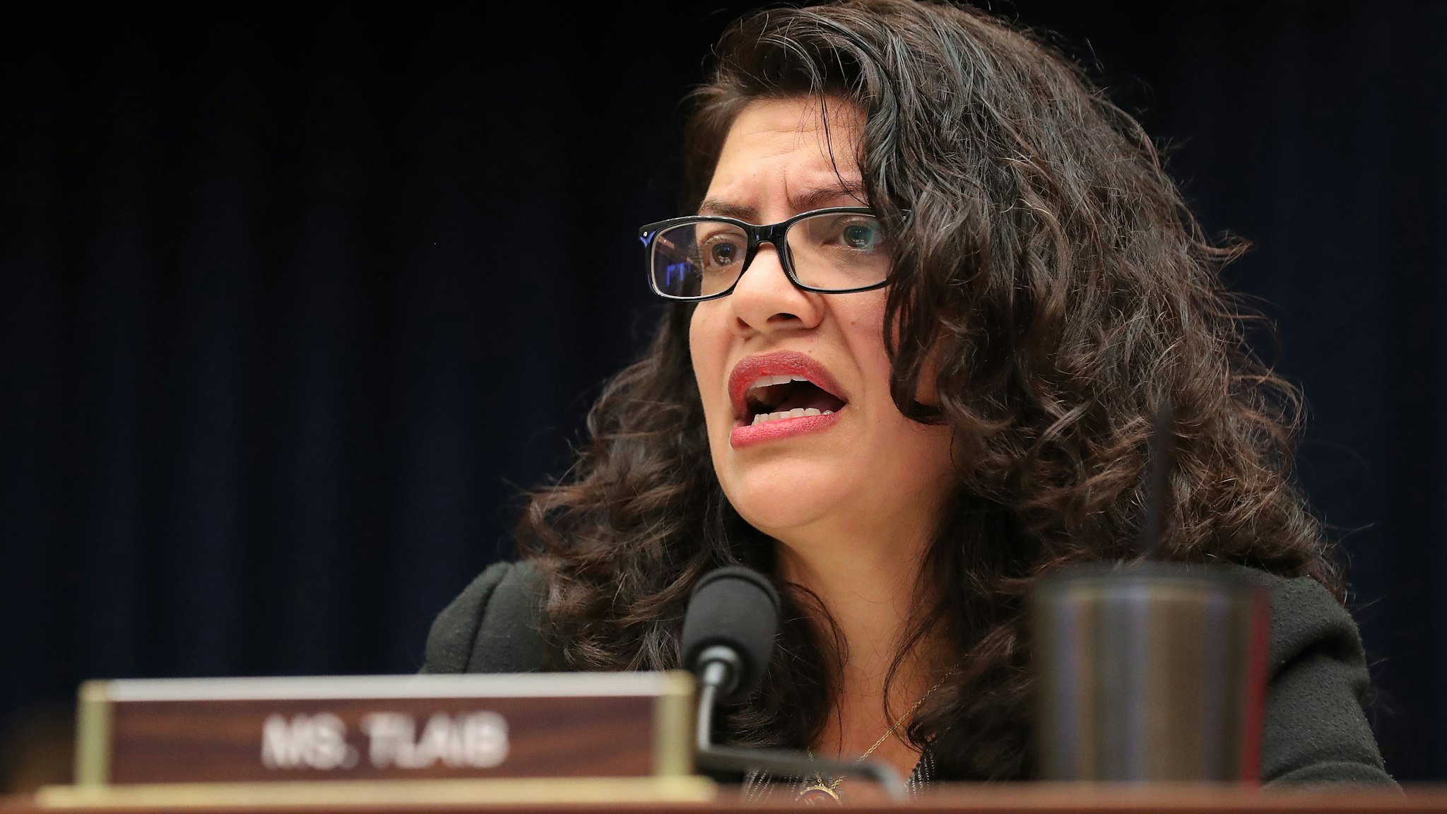 WASHINGTON, DC - OCTOBER 23: House Financial Services Committee member Rep. Rashida Tlaib (D-MI) questions Facebook co-founder and CEO Mark Zuckerberg during a hearing in the Rayburn House Office Building on Capitol Hill October 23, 2019 in Washington, DC. Zuckerberg testified about Facebook's proposed cryptocurrency Libra, how his company will handle false and misleading information by political leaders during the 2020 campaign and how it handles its users’ data and privacy. (Photo by Chip Somodevilla/Getty Images)