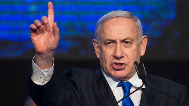 Israeli Prime Minister Benjamin Netanyahu speaks to supporters at a Likud Party gathering on November 17, 2019 in Tel Aviv, Israel.