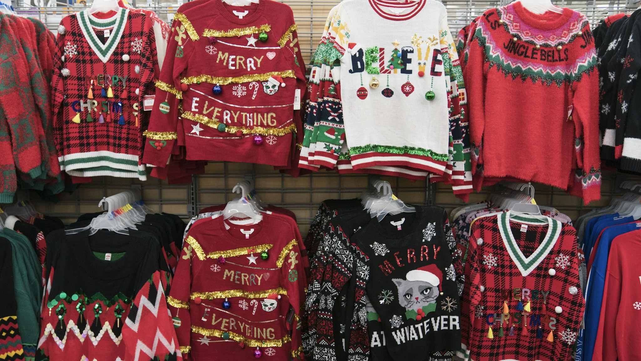 KING OF PRUSSIA, PA - NOVEMBER 28: Christmas sweaters are seen in Walmart on Thanksgiving night ahead of Black Friday on November 28, 2019 in King of Prussia, United States. (Photo by Sarah Silbiger/Getty Images)