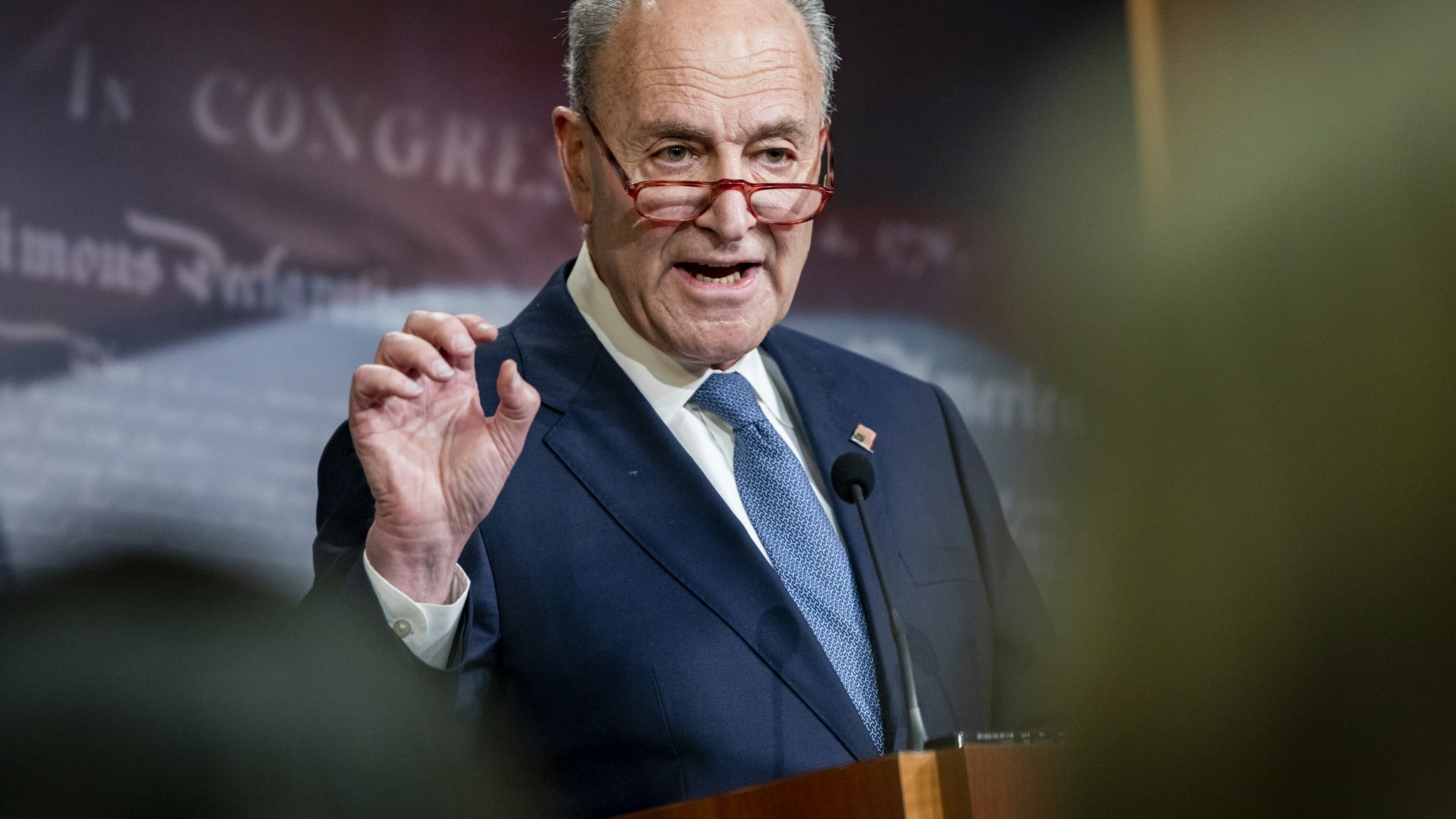WASHINGTON, DC - DECEMBER 16: Senate Minority Leader Chuck Schumer (D-N.Y.) holds a press conference at the U.S. Capitol on December 16, 2019 in Washington, DC. Sen. Schumer criticized Majority Leader Mitch McConnell (R-Ky.) about his plans for the Impeachment trial of President Donald Trump if it passes in the House of Representatives during the press conference. (Photo by Samuel Corum/Getty Images)