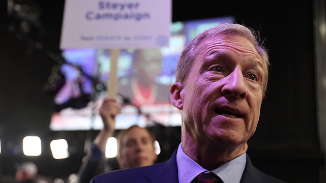 ATLANTA, GEORGIA - NOVEMBER 20: Tom Steyer speaks to the media after the Democratic Presidential Debate at Tyler Perry Studios November 20, 2019 in Atlanta, Georgia. Ten Democratic presidential hopefuls were chosen from the larger field of candidates to participate in the debate hosted by MSNBC and The Washington Post. (Photo by Joe Raedle/Getty Images)