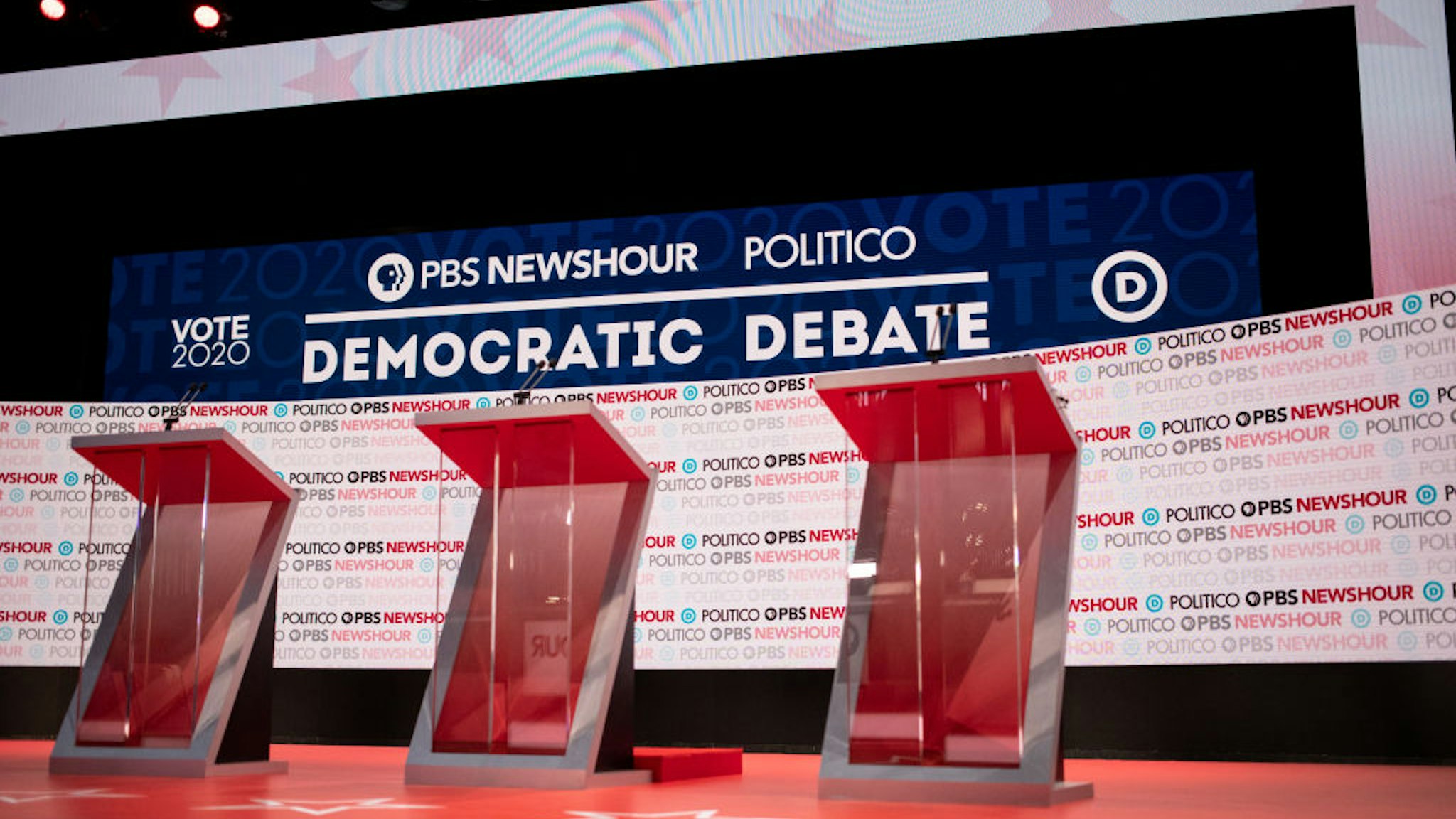 The debate stage is seen before the start of the Democratic presidential debate in Los Angeles, California, U.S., on Thursday, Dec. 19, 2019.