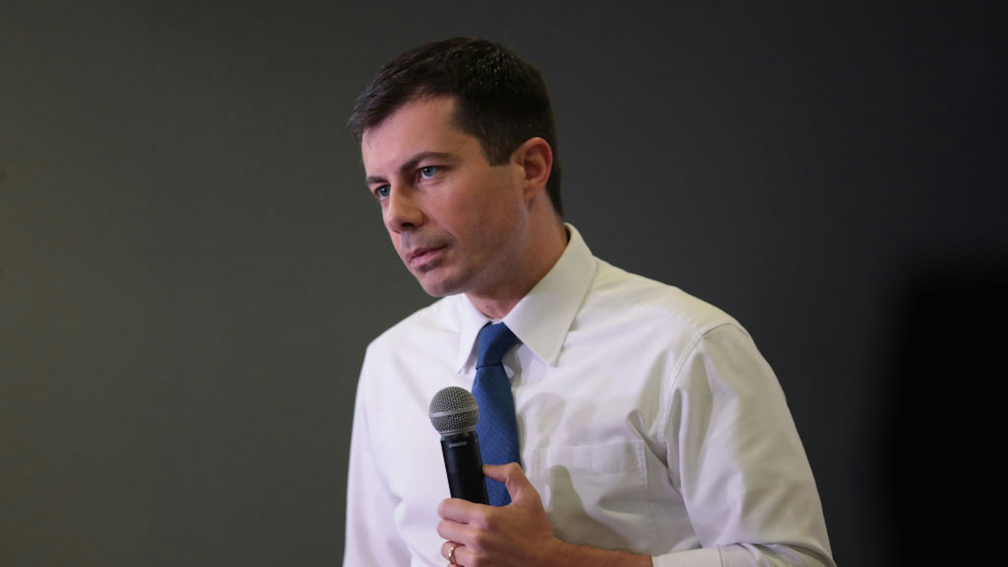 Democratic presidential candidate South Bend, Indiana Mayor Pete Buttigieg speaks to guests during a campaign stop at the YMCA on November 25, 2019 in Creston, Iowa.