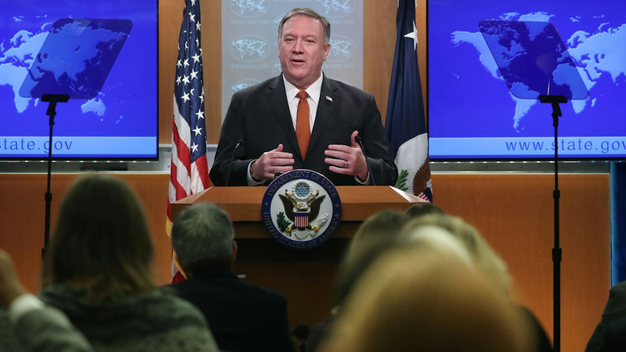 WASHINGTON, DC - NOVEMBER 26: U.S. Secretary of State Mike Pompeo speaks to the media in the briefing room at the State Department, on November 26, 2019 in Washington, DC. Secretary Pompeo spoke on several topics including Iran, Cuba, and recent protests in Hong Kong.