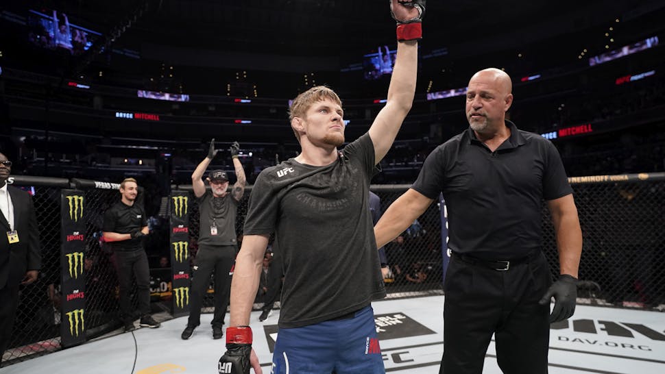 UFC Fight Night: Mitchell v Sayles WASHINGTON, DC - DECEMBER 07: Bryce Mitchell celebrates his submission victory over Matt Sayles in their featherweight bout during the UFC Fight Night event at Capital One Arena on December 07, 2019 in Washington, DC. (Photo by Jeff Bottari/Zuffa LLC via Getty Images)