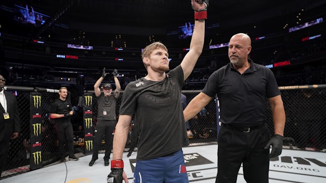 WASHINGTON, DC - DECEMBER 07: Bryce Mitchell celebrates his submission victory over Matt Sayles in their featherweight bout during the UFC Fight Night event at Capital One Arena on December 07, 2019 in Washington, DC. (Photo by Jeff Bottari/Zuffa LLC via Getty Images)