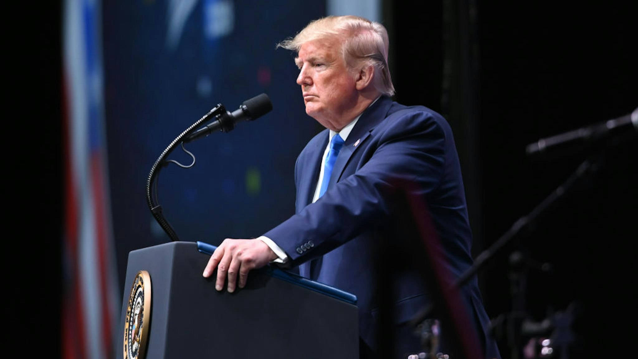 President Donald Trump speaks at the Israeli American Council National Summit on December 07, 2019 in Hollywood, Florida.