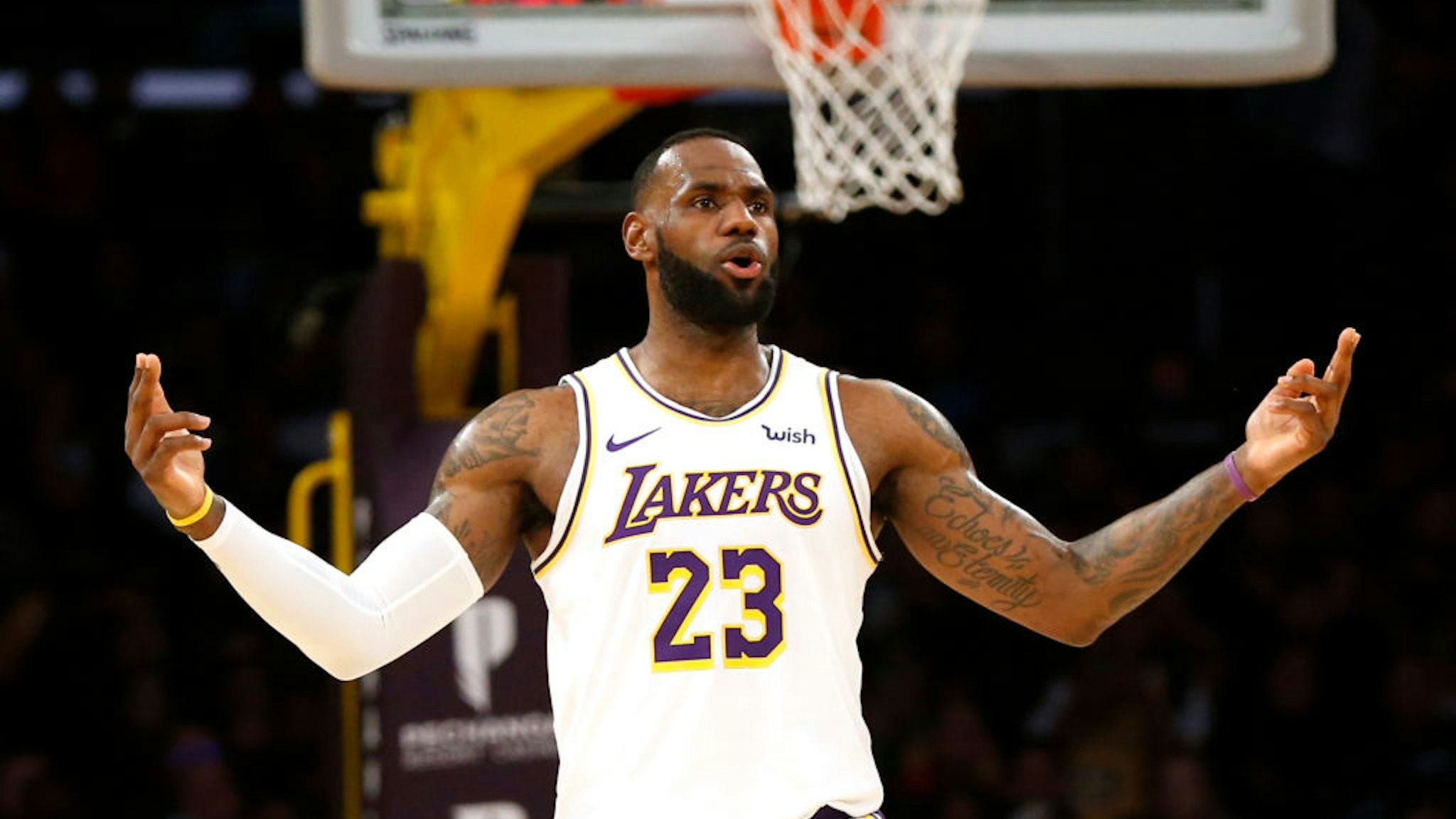 LeBron James #23 of the Los Angeles Lakers looks on during the second half against the Minnesota Timberwolves at Staples Center on December 08, 2019 in Los Angeles, California.