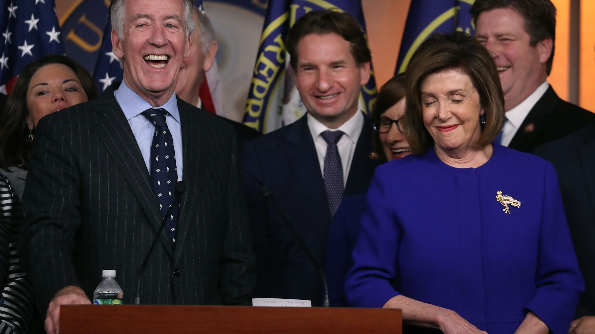 WASHINGTON, DC - DECEMBER 10: U.S. House Speaker Nancy Pelosi (D-CA) and Ways and Means Committee Chairman Richard E. Neal (D-MA) (L), speak during a news conference on the USMCA trade agreement, on Capitol Hill December 10, 2019 in Washington, DC.Pelosi said an agreement has been reached on a deal over the U.S.-Mexico-Canada, but final details for the trade pact were still being ironed out. (Photo by Mark Wilson/Getty Images)