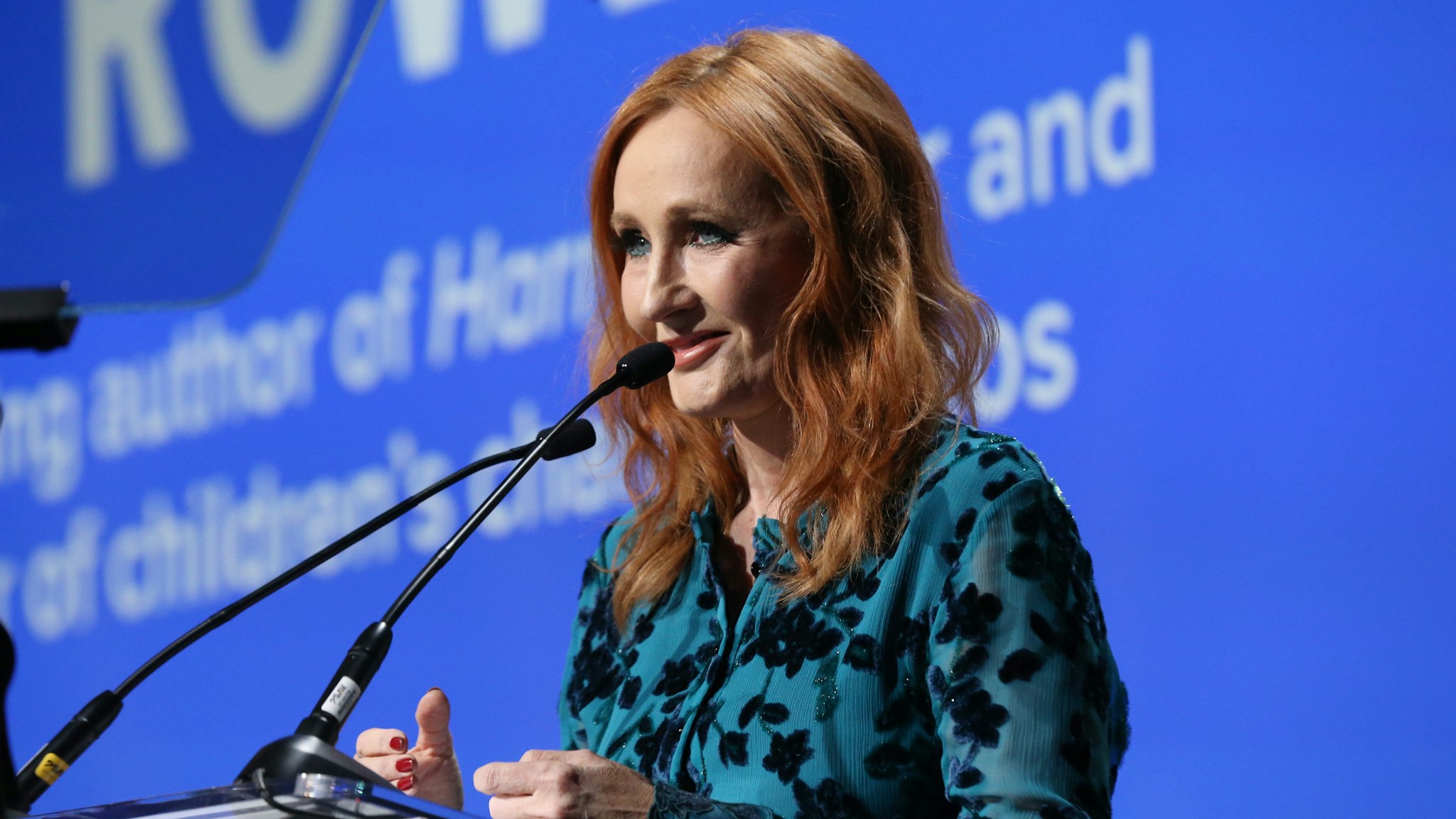 J.K. Rowling accepts an award onstage during the Robert F. Kennedy Human Rights Hosts 2019 Ripple Of Hope Gala & Auction In NYC on December 12, 2019 in New York City. (Photo by Bennett Raglin/Getty Images for for Robert F. Kennedy Human Rights)