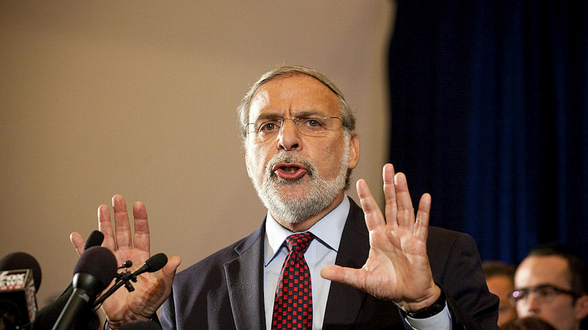 Democratic New York State Assemblyman Dov Hikind speaks at a press conference with American and Israeli Jewish leaders and supporters of Israel in the Great Room at the W Hotel Union Square, where Texas Governor and Republican presidential hopeful Rick Perry attacked President Barack Obama's foreign policy, on September 20, 2011 in New York City.