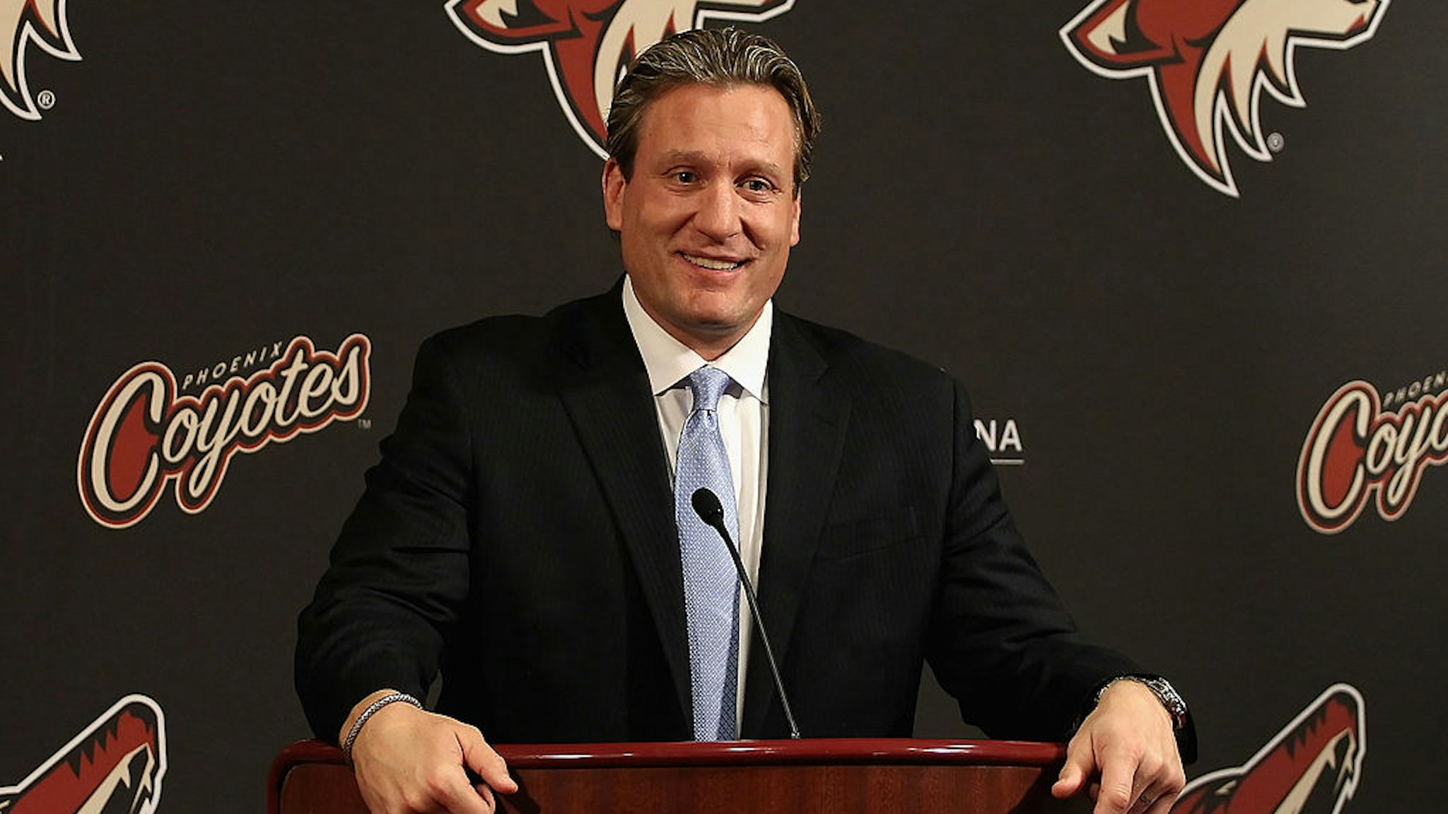 Jeremy Roenick speaks at a press conference before the NHL game between the Chicago Blackhawks and the Phoenix Coyotes at Jobing.com Arena on February 11, 2012 in Glendale, Arizona.