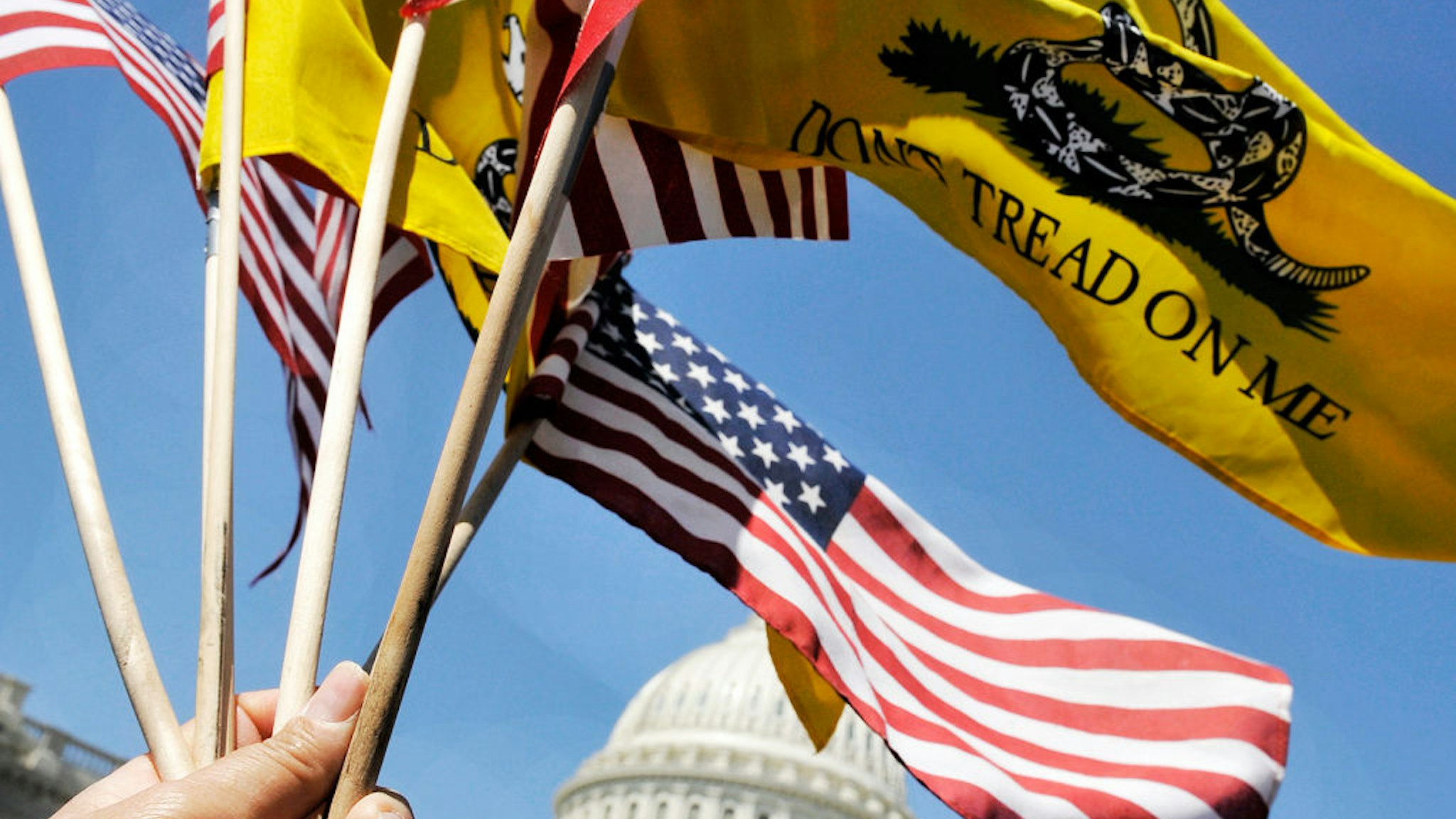 U.S. flags and Gadsden flags fly in the breeze as Americans For Prosperity hold a tea party rally outside at the Capitol to emphasize their desire for huge spending cuts in the budget, April, 06, 2011 in Washington, DC.